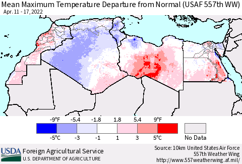 North Africa Mean Maximum Temperature Departure from Normal (USAF 557th WW) Thematic Map For 4/11/2022 - 4/17/2022