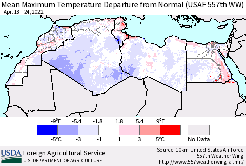 North Africa Mean Maximum Temperature Departure from Normal (USAF 557th WW) Thematic Map For 4/18/2022 - 4/24/2022