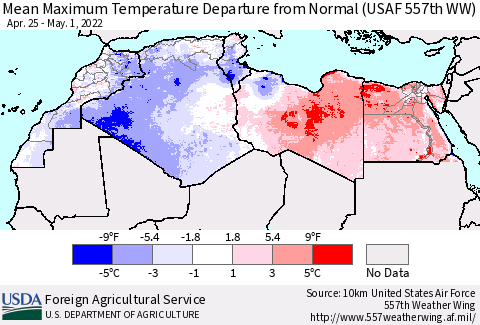 North Africa Mean Maximum Temperature Departure from Normal (USAF 557th WW) Thematic Map For 4/25/2022 - 5/1/2022