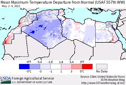 North Africa Mean Maximum Temperature Departure from Normal (USAF 557th WW) Thematic Map For 5/2/2022 - 5/8/2022