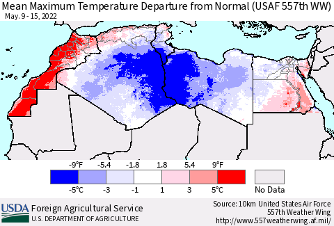 North Africa Mean Maximum Temperature Departure from Normal (USAF 557th WW) Thematic Map For 5/9/2022 - 5/15/2022