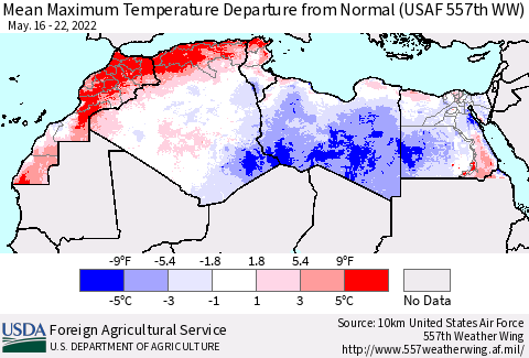 North Africa Mean Maximum Temperature Departure from Normal (USAF 557th WW) Thematic Map For 5/16/2022 - 5/22/2022