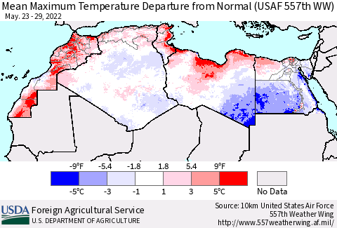 North Africa Mean Maximum Temperature Departure from Normal (USAF 557th WW) Thematic Map For 5/23/2022 - 5/29/2022