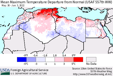 North Africa Mean Maximum Temperature Departure from Normal (USAF 557th WW) Thematic Map For 5/30/2022 - 6/5/2022