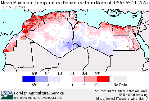 North Africa Mean Maximum Temperature Departure from Normal (USAF 557th WW) Thematic Map For 6/6/2022 - 6/12/2022