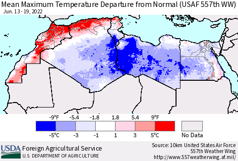 North Africa Mean Maximum Temperature Departure from Normal (USAF 557th WW) Thematic Map For 6/13/2022 - 6/19/2022