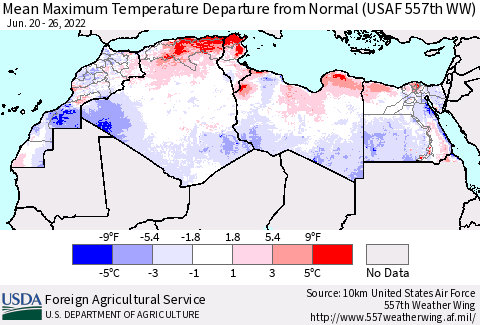 North Africa Mean Maximum Temperature Departure from Normal (USAF 557th WW) Thematic Map For 6/20/2022 - 6/26/2022