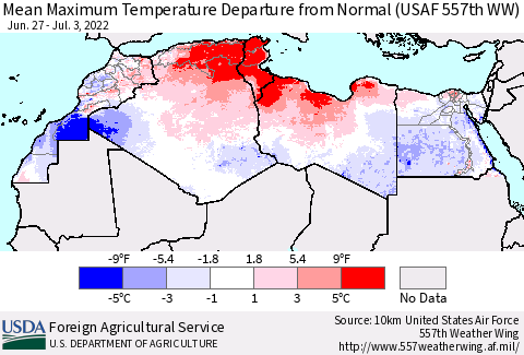 North Africa Mean Maximum Temperature Departure from Normal (USAF 557th WW) Thematic Map For 6/27/2022 - 7/3/2022
