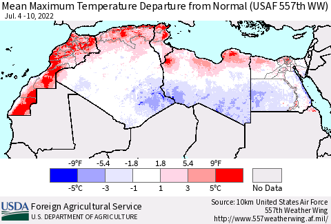 North Africa Mean Maximum Temperature Departure from Normal (USAF 557th WW) Thematic Map For 7/4/2022 - 7/10/2022