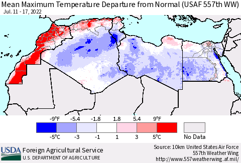 North Africa Mean Maximum Temperature Departure from Normal (USAF 557th WW) Thematic Map For 7/11/2022 - 7/17/2022
