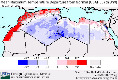 North Africa Mean Maximum Temperature Departure from Normal (USAF 557th WW) Thematic Map For 7/18/2022 - 7/24/2022