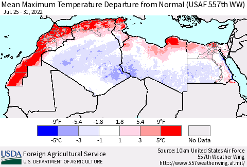 North Africa Mean Maximum Temperature Departure from Normal (USAF 557th WW) Thematic Map For 7/25/2022 - 7/31/2022