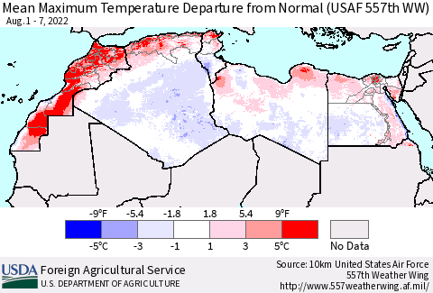 North Africa Mean Maximum Temperature Departure from Normal (USAF 557th WW) Thematic Map For 8/1/2022 - 8/7/2022