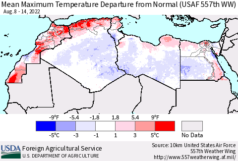 North Africa Mean Maximum Temperature Departure from Normal (USAF 557th WW) Thematic Map For 8/8/2022 - 8/14/2022