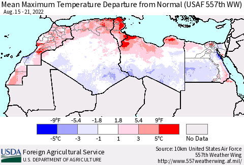 North Africa Mean Maximum Temperature Departure from Normal (USAF 557th WW) Thematic Map For 8/15/2022 - 8/21/2022