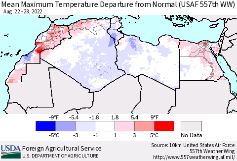 North Africa Mean Maximum Temperature Departure from Normal (USAF 557th WW) Thematic Map For 8/22/2022 - 8/28/2022