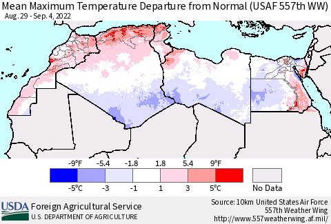 North Africa Mean Maximum Temperature Departure from Normal (USAF 557th WW) Thematic Map For 8/29/2022 - 9/4/2022