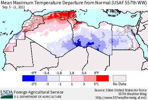 North Africa Mean Maximum Temperature Departure from Normal (USAF 557th WW) Thematic Map For 9/5/2022 - 9/11/2022