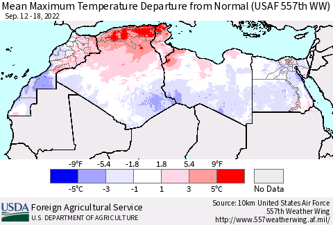 North Africa Mean Maximum Temperature Departure from Normal (USAF 557th WW) Thematic Map For 9/12/2022 - 9/18/2022