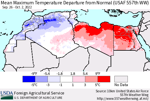 North Africa Mean Maximum Temperature Departure from Normal (USAF 557th WW) Thematic Map For 9/26/2022 - 10/2/2022