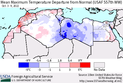North Africa Mean Maximum Temperature Departure from Normal (USAF 557th WW) Thematic Map For 10/3/2022 - 10/9/2022