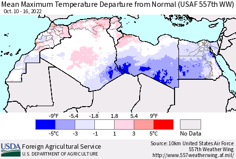 North Africa Mean Maximum Temperature Departure from Normal (USAF 557th WW) Thematic Map For 10/10/2022 - 10/16/2022