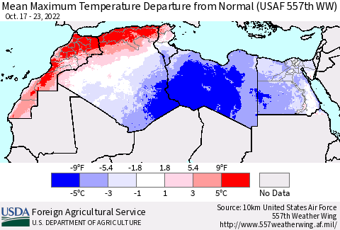 North Africa Mean Maximum Temperature Departure from Normal (USAF 557th WW) Thematic Map For 10/17/2022 - 10/23/2022