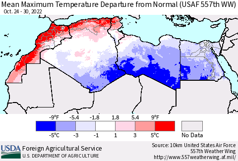 North Africa Mean Maximum Temperature Departure from Normal (USAF 557th WW) Thematic Map For 10/24/2022 - 10/30/2022