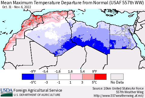 North Africa Mean Maximum Temperature Departure from Normal (USAF 557th WW) Thematic Map For 10/31/2022 - 11/6/2022