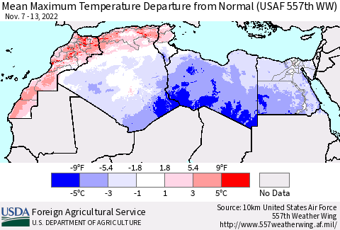North Africa Mean Maximum Temperature Departure from Normal (USAF 557th WW) Thematic Map For 11/7/2022 - 11/13/2022