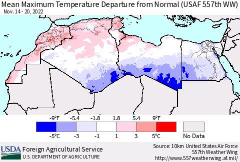 North Africa Mean Maximum Temperature Departure from Normal (USAF 557th WW) Thematic Map For 11/14/2022 - 11/20/2022