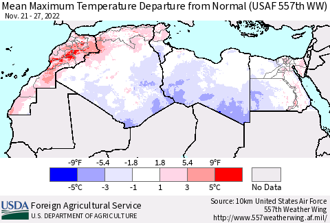 North Africa Mean Maximum Temperature Departure from Normal (USAF 557th WW) Thematic Map For 11/21/2022 - 11/27/2022