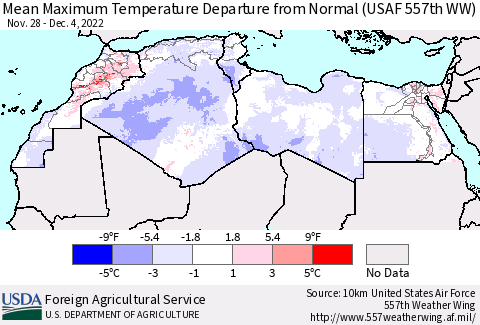 North Africa Mean Maximum Temperature Departure from Normal (USAF 557th WW) Thematic Map For 11/28/2022 - 12/4/2022
