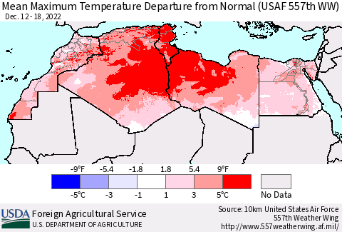 North Africa Mean Maximum Temperature Departure from Normal (USAF 557th WW) Thematic Map For 12/12/2022 - 12/18/2022
