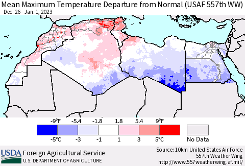 North Africa Mean Maximum Temperature Departure from Normal (USAF 557th WW) Thematic Map For 12/26/2022 - 1/1/2023