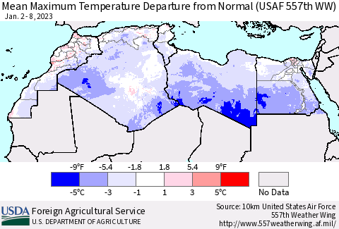 North Africa Mean Maximum Temperature Departure from Normal (USAF 557th WW) Thematic Map For 1/2/2023 - 1/8/2023