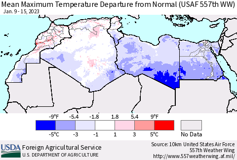 North Africa Mean Maximum Temperature Departure from Normal (USAF 557th WW) Thematic Map For 1/9/2023 - 1/15/2023