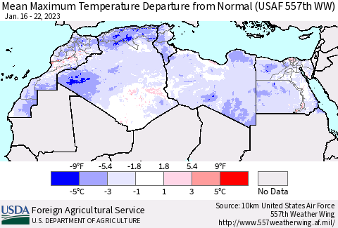 North Africa Mean Maximum Temperature Departure from Normal (USAF 557th WW) Thematic Map For 1/16/2023 - 1/22/2023