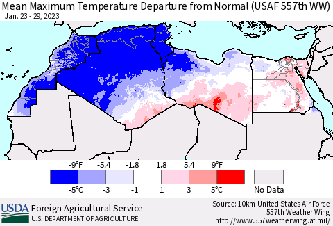 North Africa Mean Maximum Temperature Departure from Normal (USAF 557th WW) Thematic Map For 1/23/2023 - 1/29/2023
