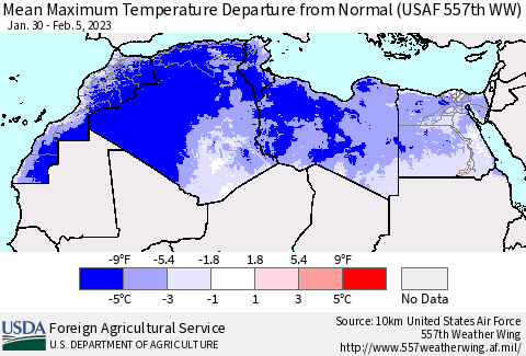 North Africa Mean Maximum Temperature Departure from Normal (USAF 557th WW) Thematic Map For 1/30/2023 - 2/5/2023
