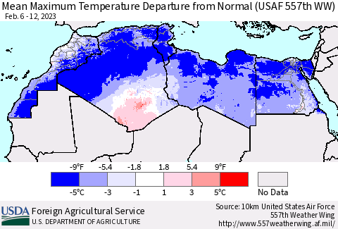 North Africa Mean Maximum Temperature Departure from Normal (USAF 557th WW) Thematic Map For 2/6/2023 - 2/12/2023