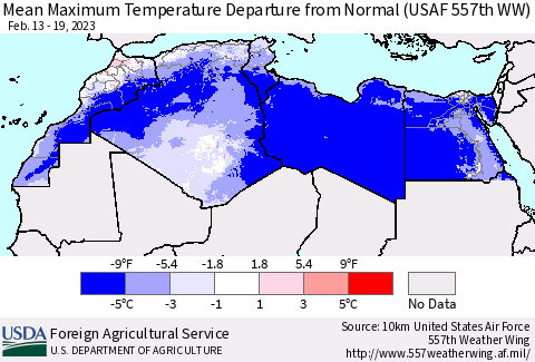 North Africa Mean Maximum Temperature Departure from Normal (USAF 557th WW) Thematic Map For 2/13/2023 - 2/19/2023