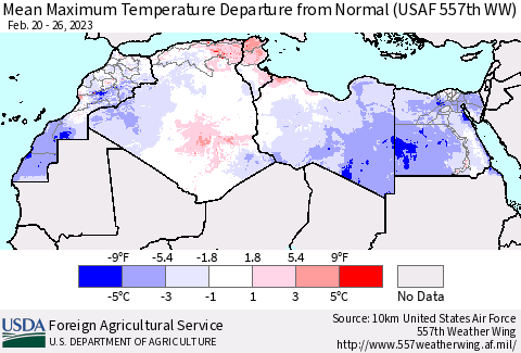 North Africa Mean Maximum Temperature Departure from Normal (USAF 557th WW) Thematic Map For 2/20/2023 - 2/26/2023