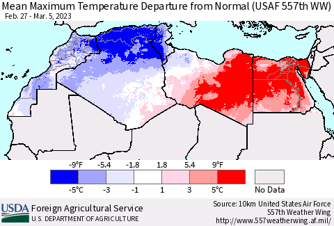North Africa Mean Maximum Temperature Departure from Normal (USAF 557th WW) Thematic Map For 2/27/2023 - 3/5/2023