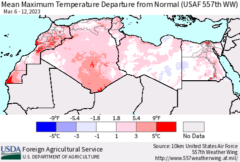 North Africa Mean Maximum Temperature Departure from Normal (USAF 557th WW) Thematic Map For 3/6/2023 - 3/12/2023