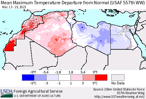 North Africa Mean Maximum Temperature Departure from Normal (USAF 557th WW) Thematic Map For 3/13/2023 - 3/19/2023