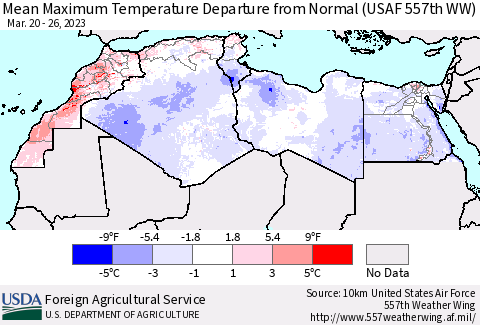 North Africa Mean Maximum Temperature Departure from Normal (USAF 557th WW) Thematic Map For 3/20/2023 - 3/26/2023