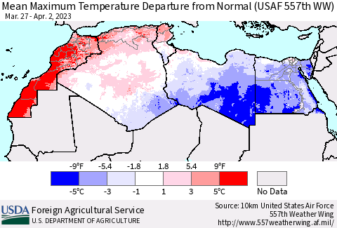 North Africa Mean Maximum Temperature Departure from Normal (USAF 557th WW) Thematic Map For 3/27/2023 - 4/2/2023