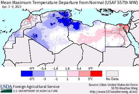 North Africa Mean Maximum Temperature Departure from Normal (USAF 557th WW) Thematic Map For 4/3/2023 - 4/9/2023