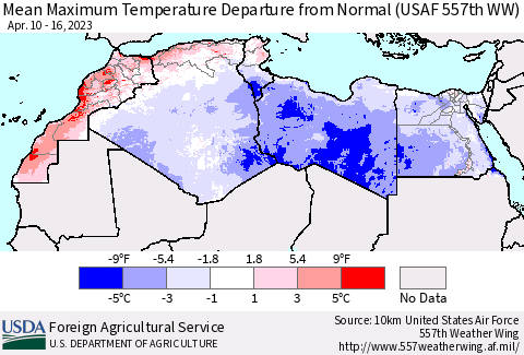 North Africa Mean Maximum Temperature Departure from Normal (USAF 557th WW) Thematic Map For 4/10/2023 - 4/16/2023